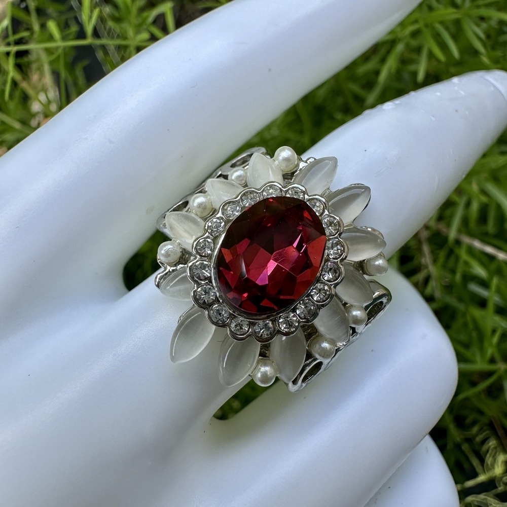 VTG  Accent Ring‎ Size 8.5 Lab Ruby Moonstone CZ Bloom Flower 925 Sterling 8.1g